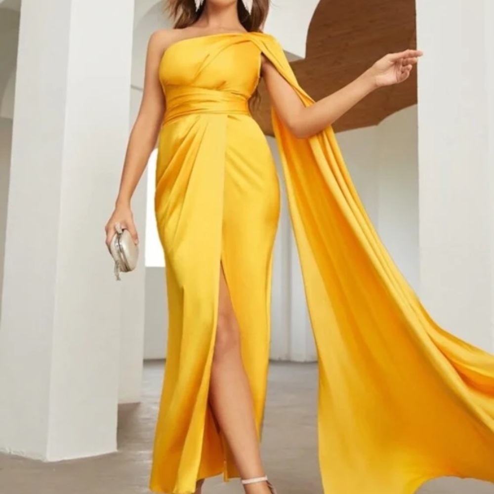 Luxe One shoulder Party Formal Evening Prom Satin Wedding Dress - Picture 8 of 15